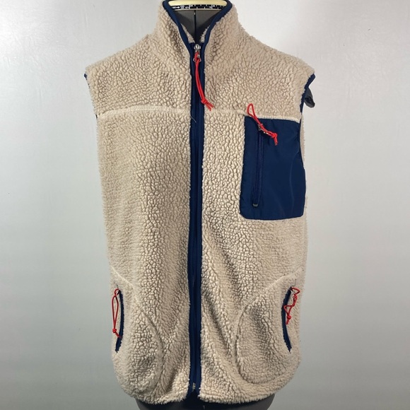 Wanna B Other - Wanna B Sherpa Vest Women Size M Blue & Cream Red Pull String on Pocket & Zipper